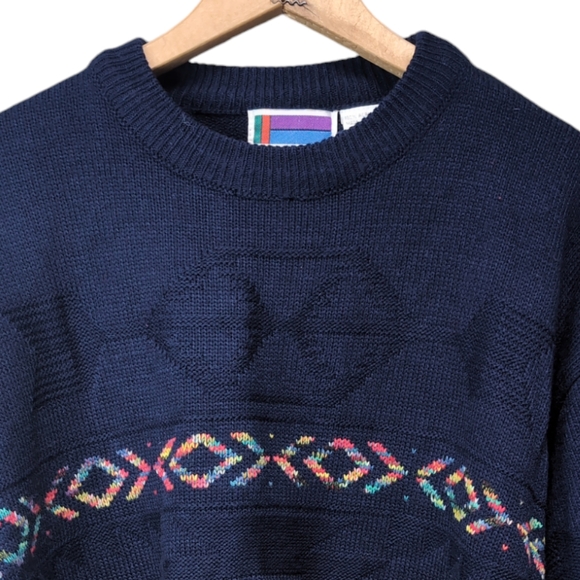 VINTAGE Crew Neck Sweater Graphix Knit Navy Aztec Print Mens Size EXTRA LARGE - Picture 2 of 6